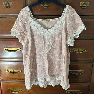 Pink and Cream Lace Embroidered Blouse Top